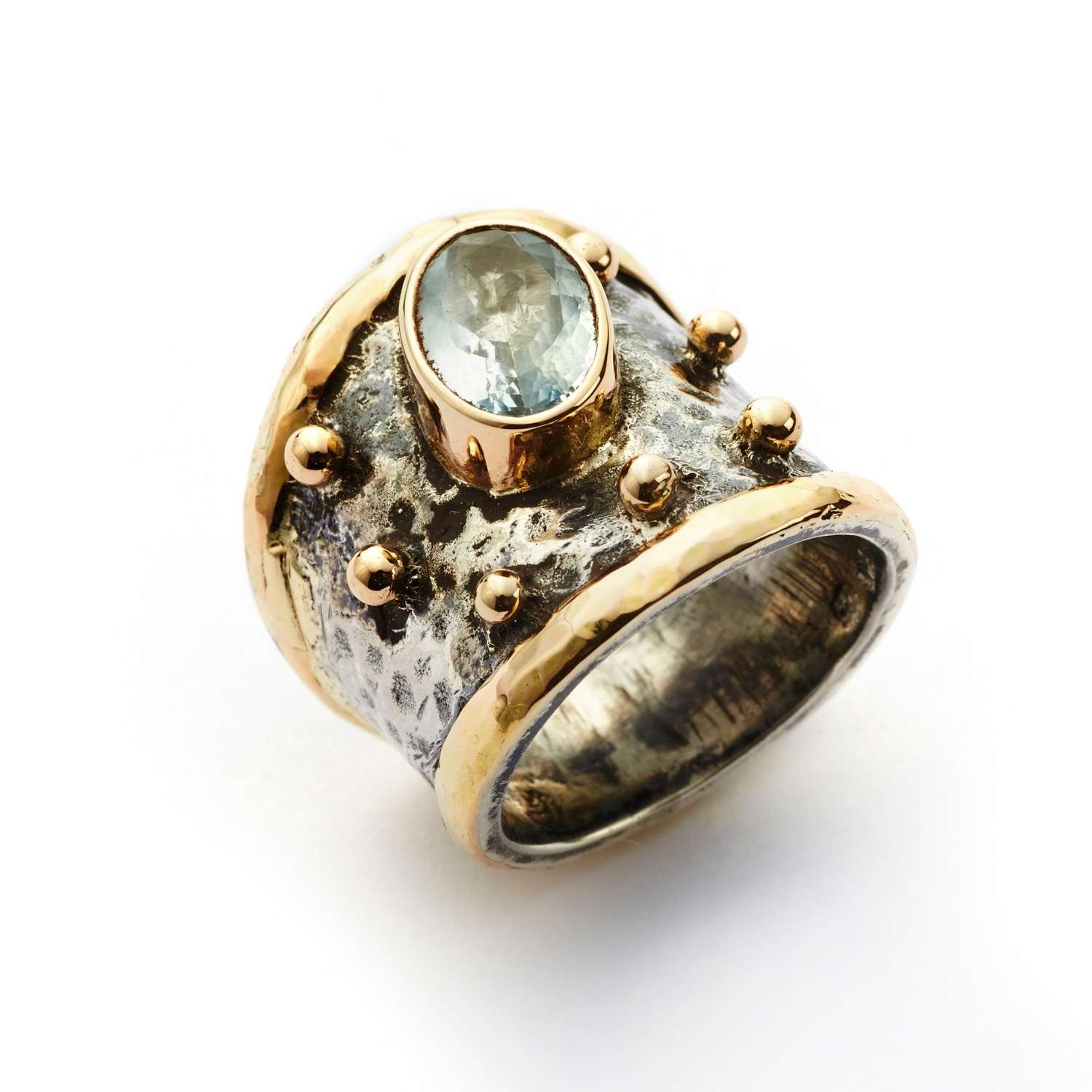 Silver Ring With Gold Edges, Nuggets And Faceted Aquamarine