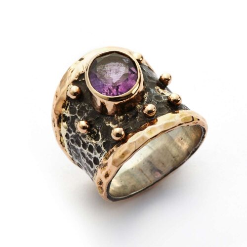 Silver Ring With Gold Edges, Nuggets And Faceted Purple Tourmaline