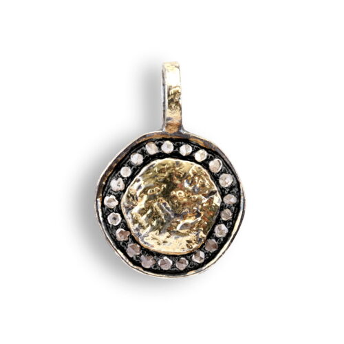 silver pendant with gold ornament and rose cut diamonds inspired by ancient roman coin