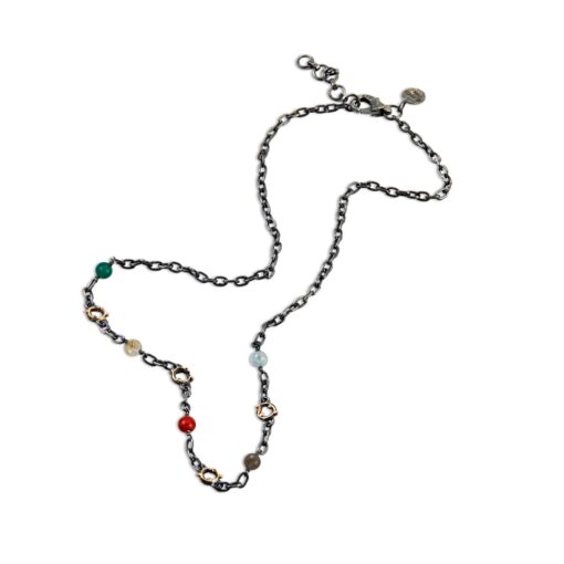 Necklace with multi colored stones red, green, blue and black. Silver and gold.