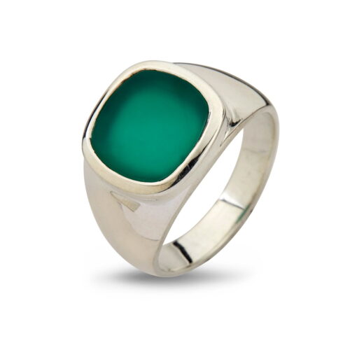 cushion firkantet sølv signet ring til mænd med grøn onyx sten