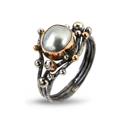 perle ring i sølv med diamant
