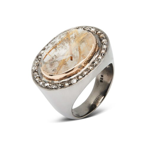 sølv ring med stor rutile quartz og diamanter i pavé