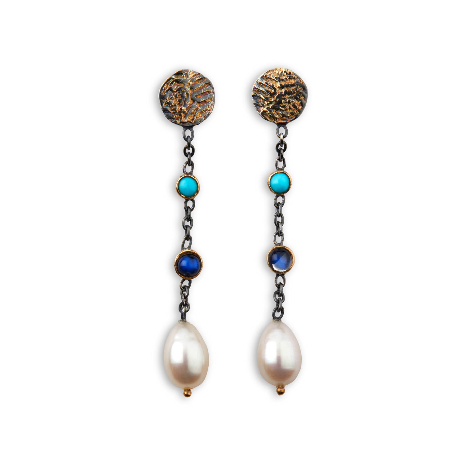 guldplade hængende kæde perle øreringe med gulddetaljer blå sten