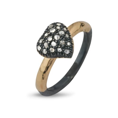 Heart shaped ring in silver and gold with diamonds