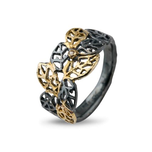 Leaf ring of oxydized silver and gold with diamond