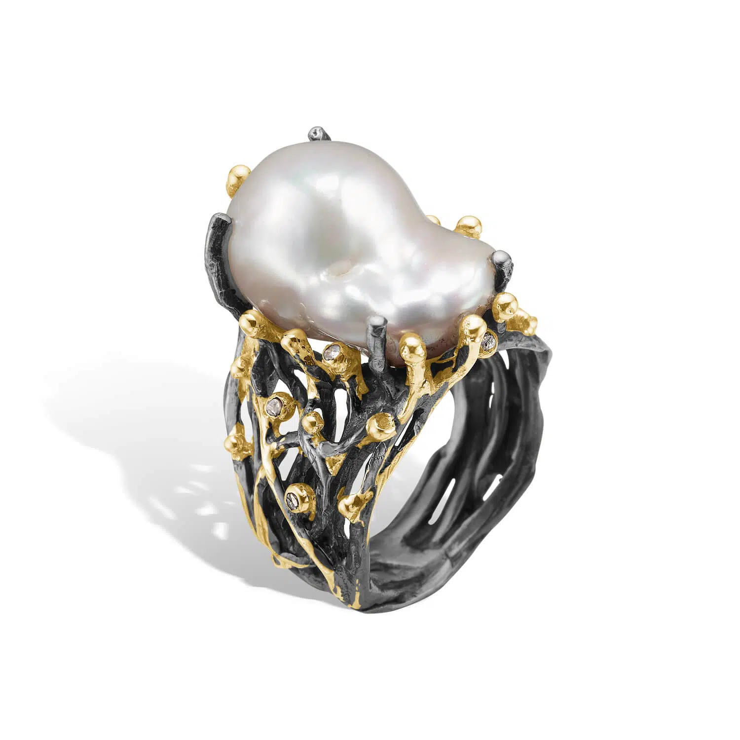 baroque freshwater pearl in silver and gold ring