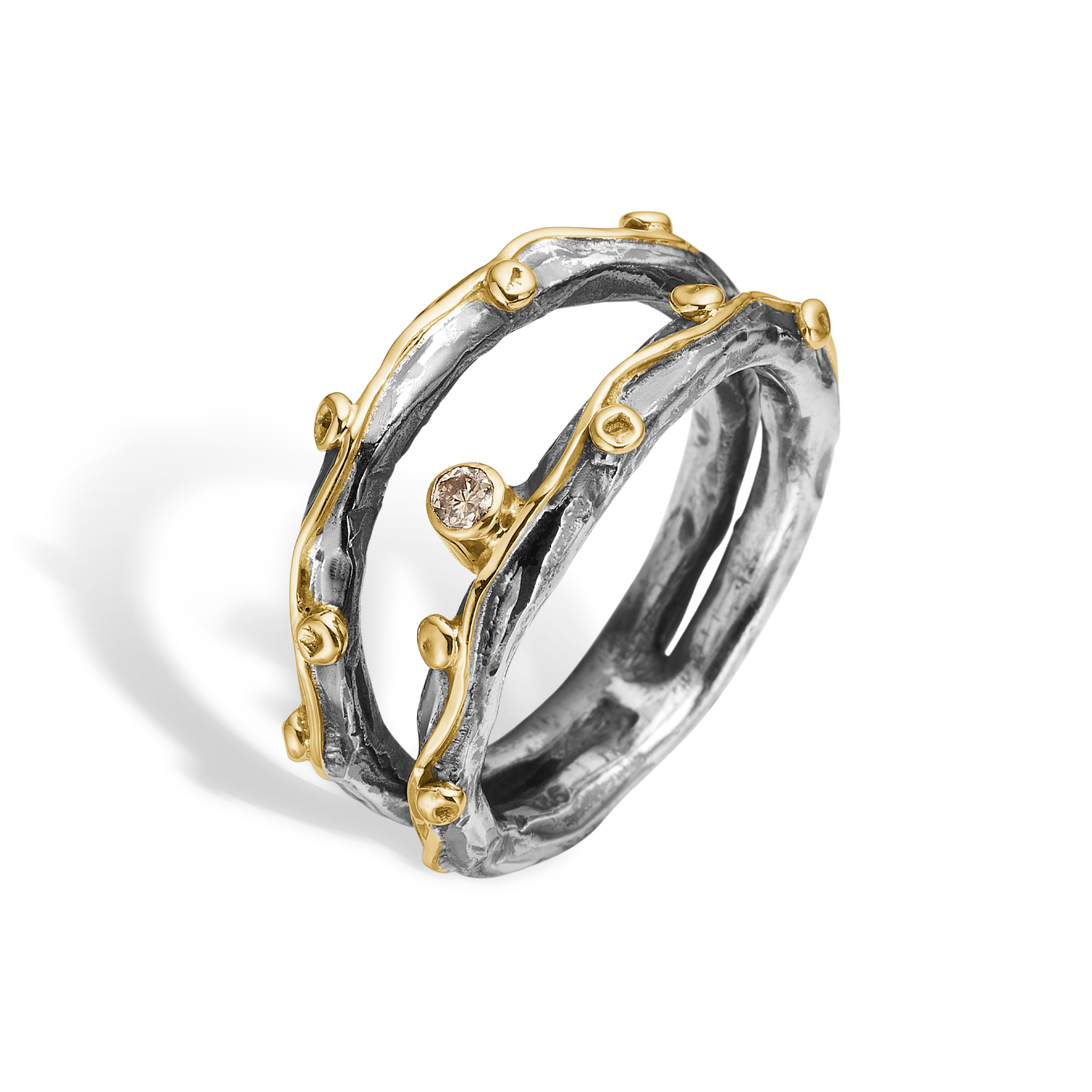 dobbelt sølv ringskinne med guldtråd og diamant