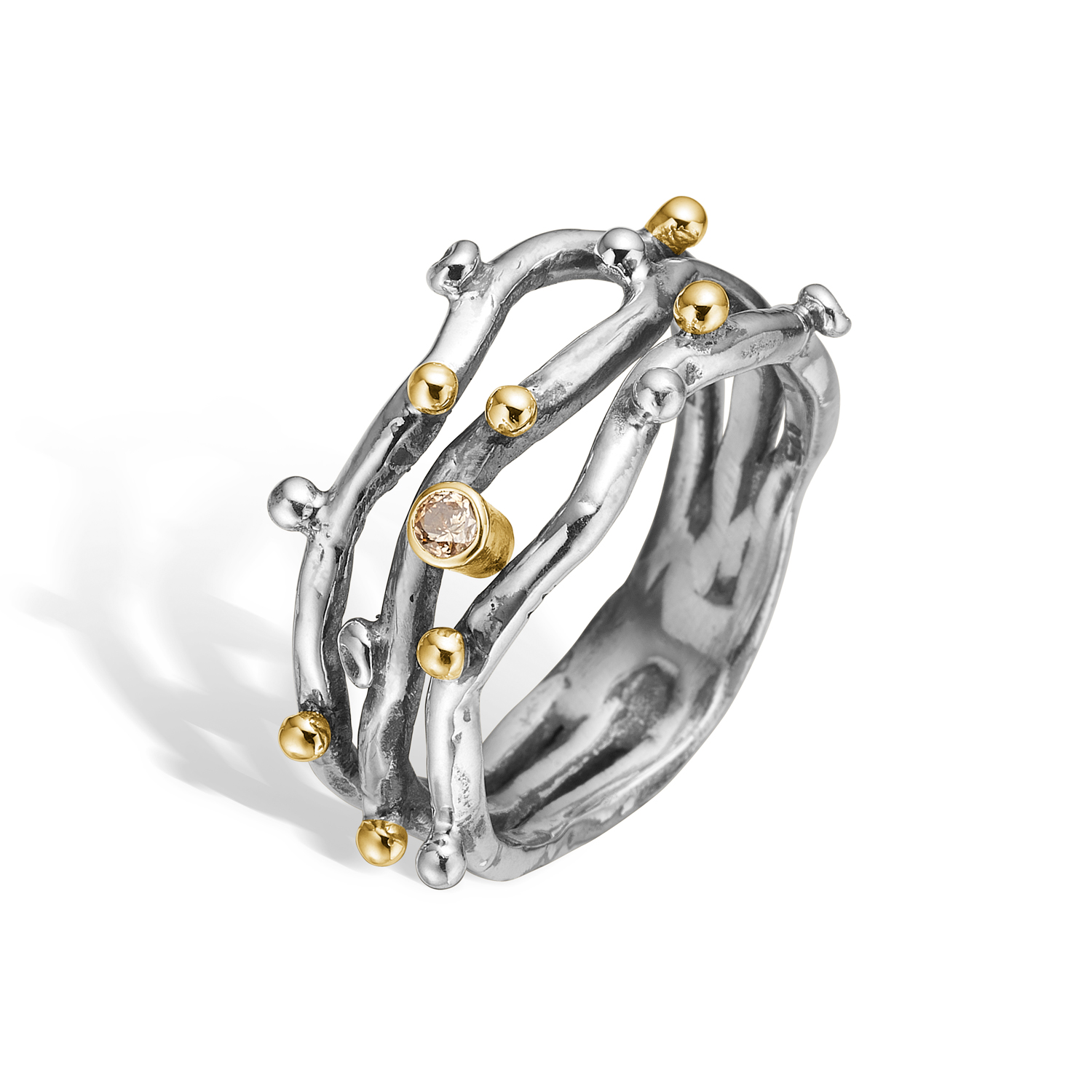 sølv ring med diamant og guldkugler