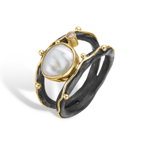 sort sølv ring med perle og diamant