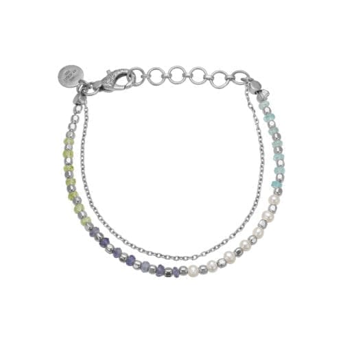 Armbånd med farvede perler og kæde i sølv.