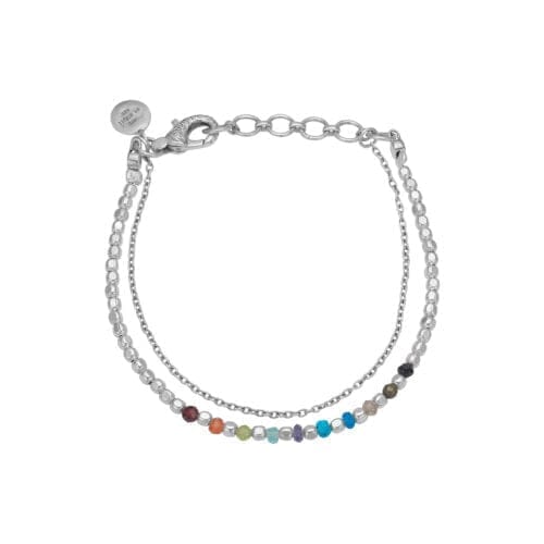 To-lags armbånd med farverige perler, sølvkæde