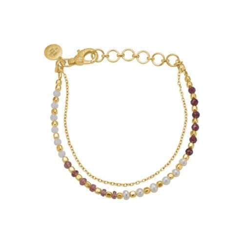Guldfarvet armbånd med perler og sten