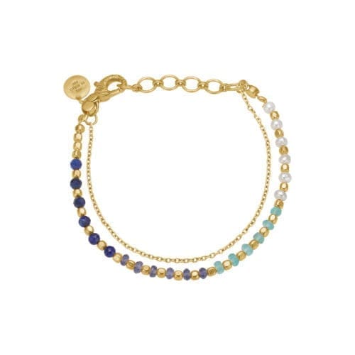 Guldfarvet armbånd med perler og blå sten