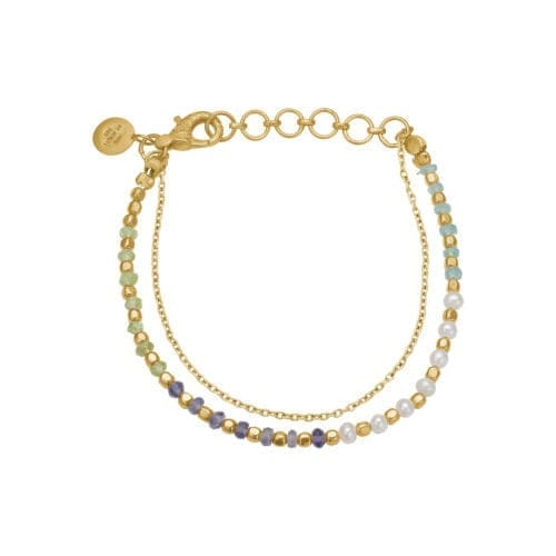 Guldbelagt armbånd med perler og farvede sten