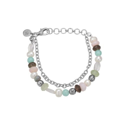 Farverigt perlearmbånd med metalkæde