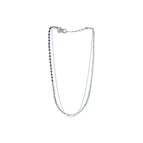 Sølvkæde med blå og grønne perler.
