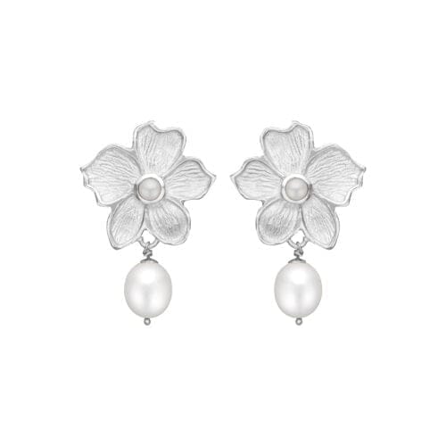 Sølv blomsterøreringe med perlevedhæng