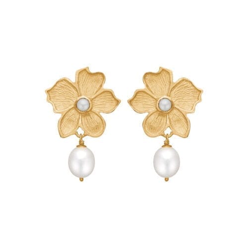Guldblomster øreringe med perlevedhæng.