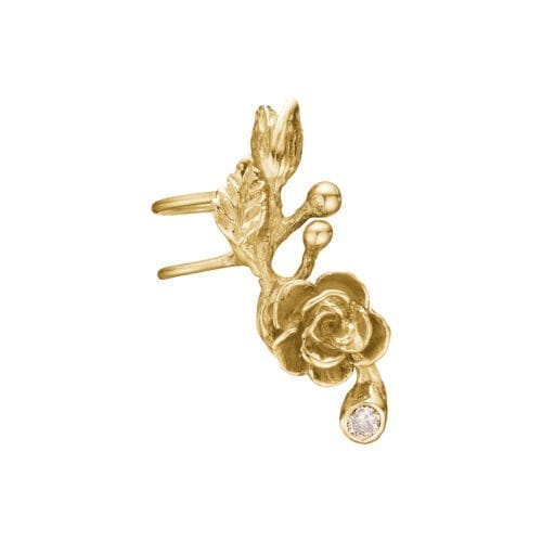 Guld fingerring med blomstermotiv og lille diamant